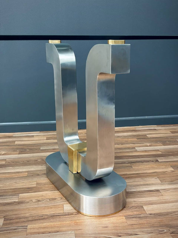 Mid-Century Modern Sculpted Metal Dining Table with Glass Top