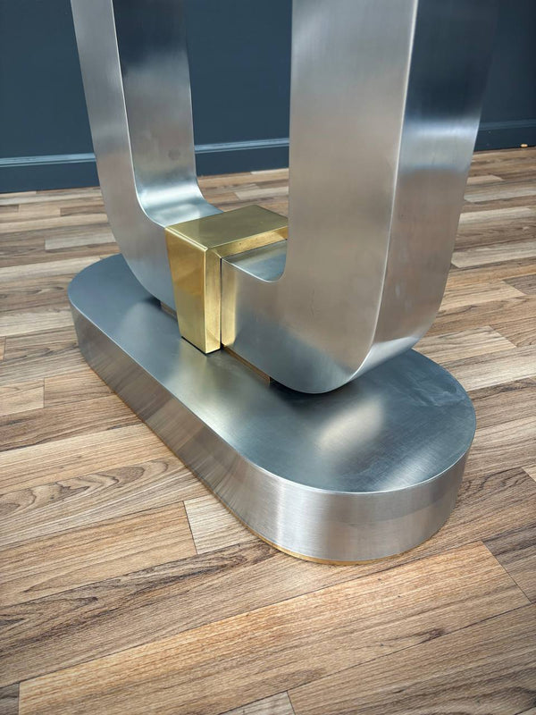 Mid-Century Modern Sculpted Metal Dining Table with Glass Top