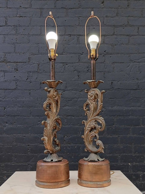 Pair of Italian Baroque Patinated Brass Table Lamps, c.1960’s