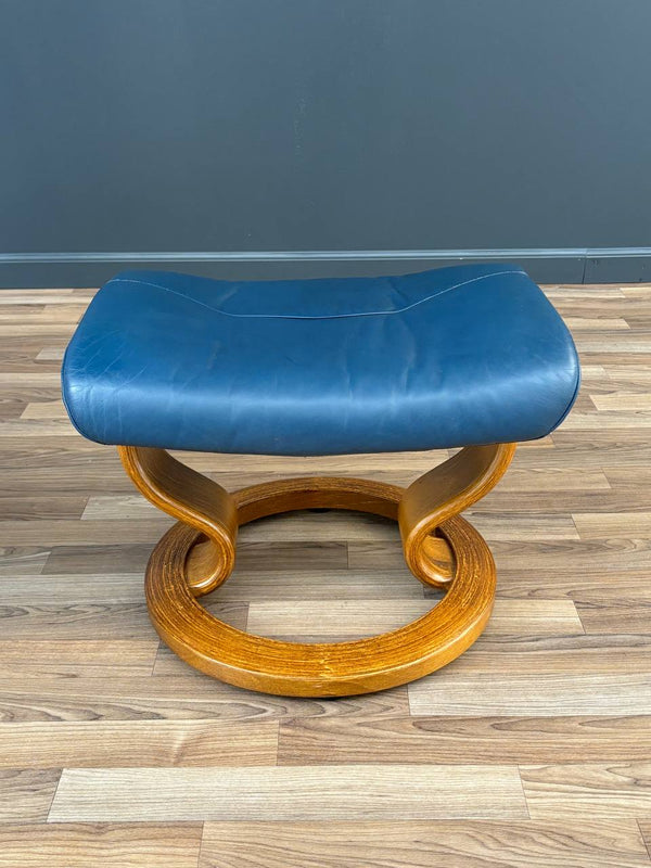 Ekornes Stressless Blue Leather Reclining Swivel Lounge Chair with End Table & Ottoman