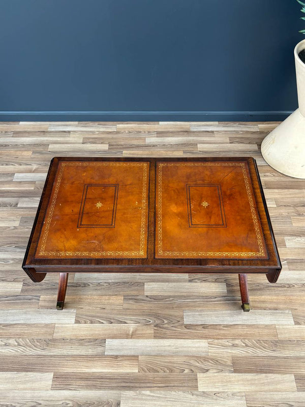 Traditional Duncan-Phyfe Style Mahogany Coffee Table with Tooled Leather Top, c.1930’s