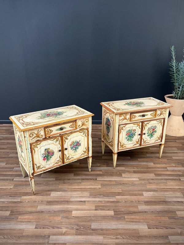 Pair of Italian Neoclassical Style Hand Painted Night Stands Cabinets, c.1950’s