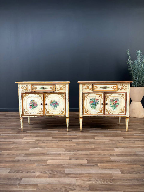 Pair of Italian Neoclassical Style Hand Painted Night Stands Cabinets, c.1950’s