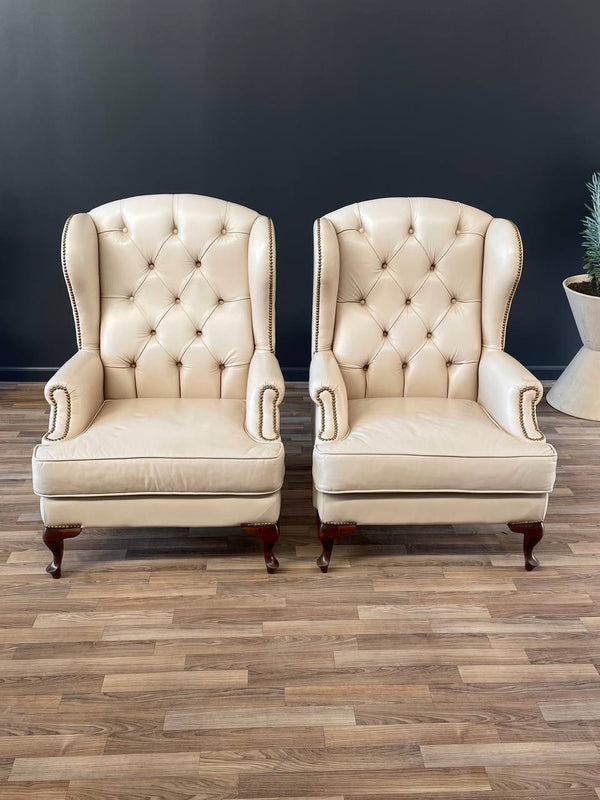 Pair of Vintage Georgian Chesterfield Style Leather Wing Back Lounge Chairs, c.1960’s