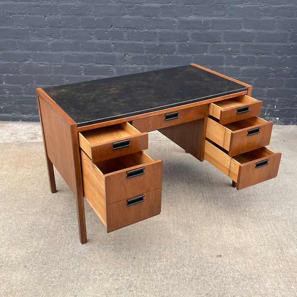 Mid-Century Modern Walnut & Leather Desk with Cane Back by Sligh Lowry, c.1960’s