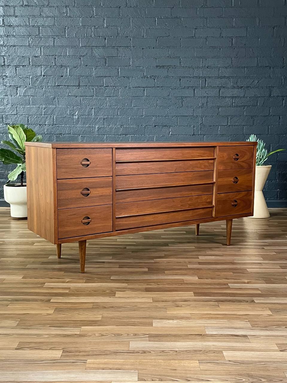 bassett mid century modern dresser Mid-Century Modern Walnut 9-Drawer Dresser by Bassett, c.1960's – Vintage Supply