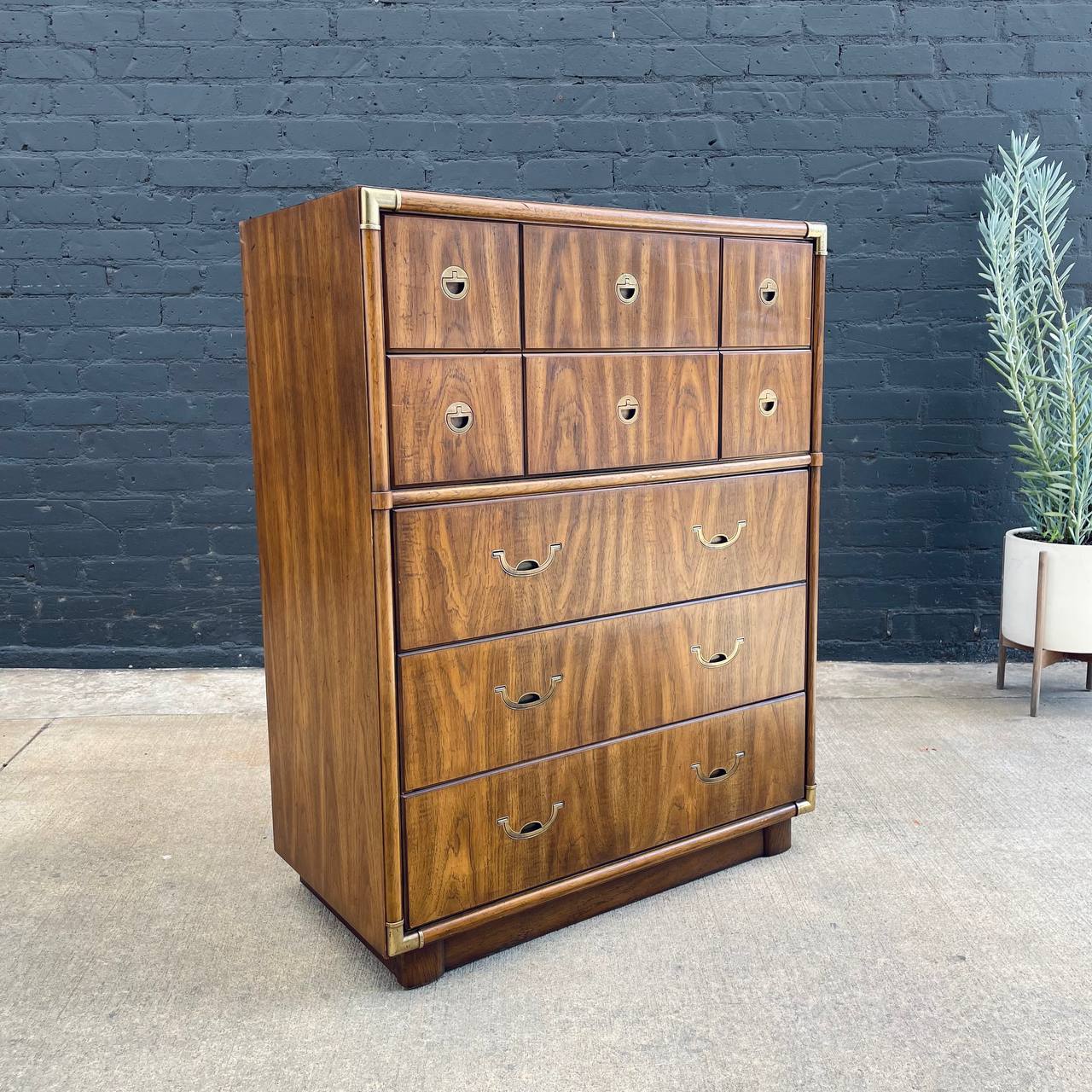 Mid-Century Modern Campaign Style Highboy Dresser with Brass Accents b – Vintage Supply Mid-Century Modern Campaign Style Highboy Dresser with Brass Accents b – Vintage Supply