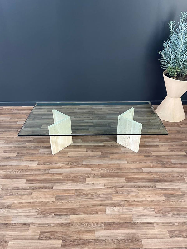 Mid-Century Modern Travertine Stone & Glass Coffee Table, c.1970’s