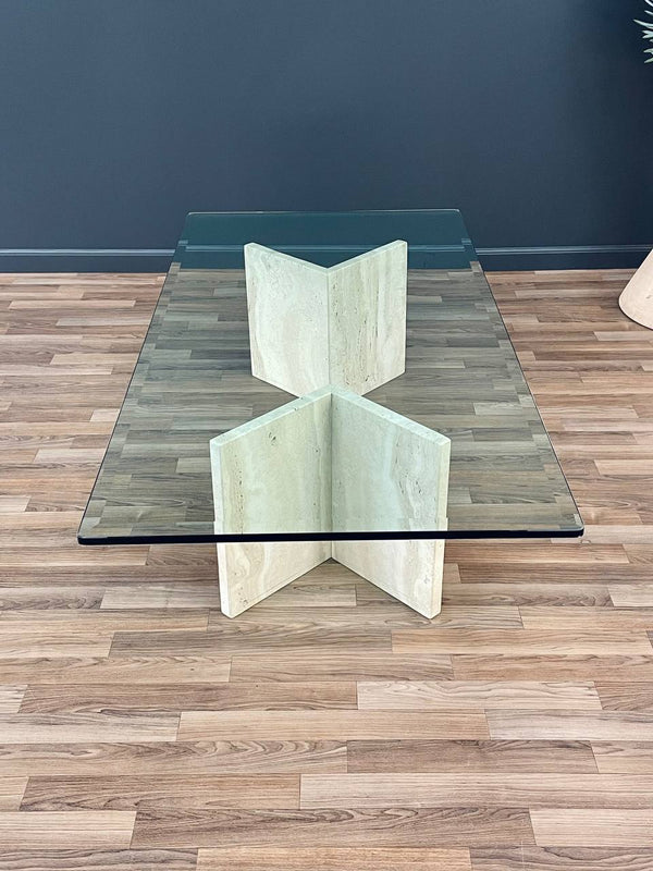 Mid-Century Modern Travertine Stone & Glass Coffee Table, c.1970’s