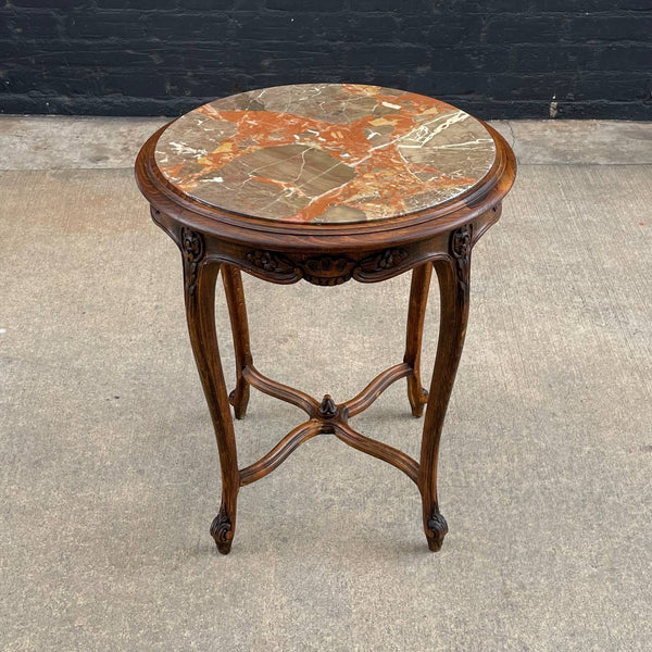 French 1930s Louis XV Style Table with Marble Too & Carved Decorations