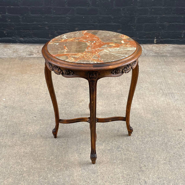 French 1930s Louis XV Style Table with Marble Too & Carved Decorations