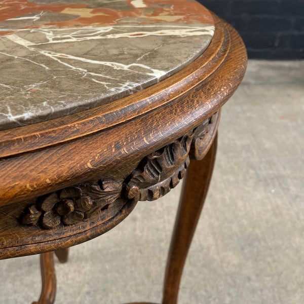 French 1930s Louis XV Style Table with Marble Too & Carved Decorations