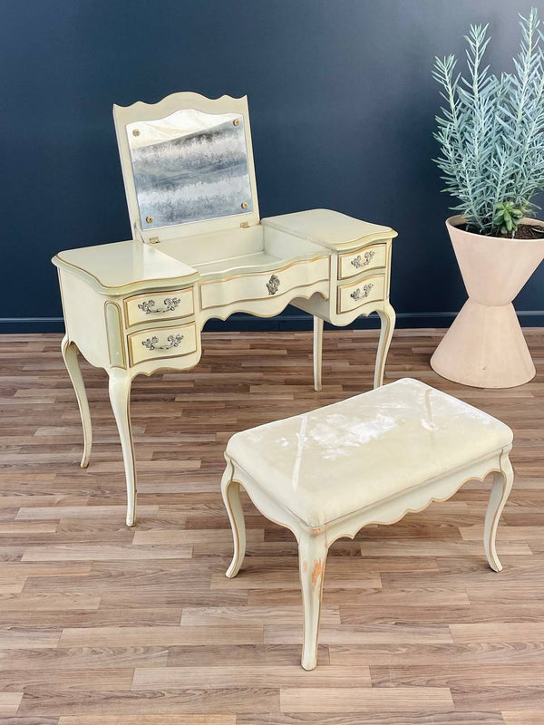 Vintage French Provincial Style Vanity Desk with Mirror & Ottoman, c.1960’s