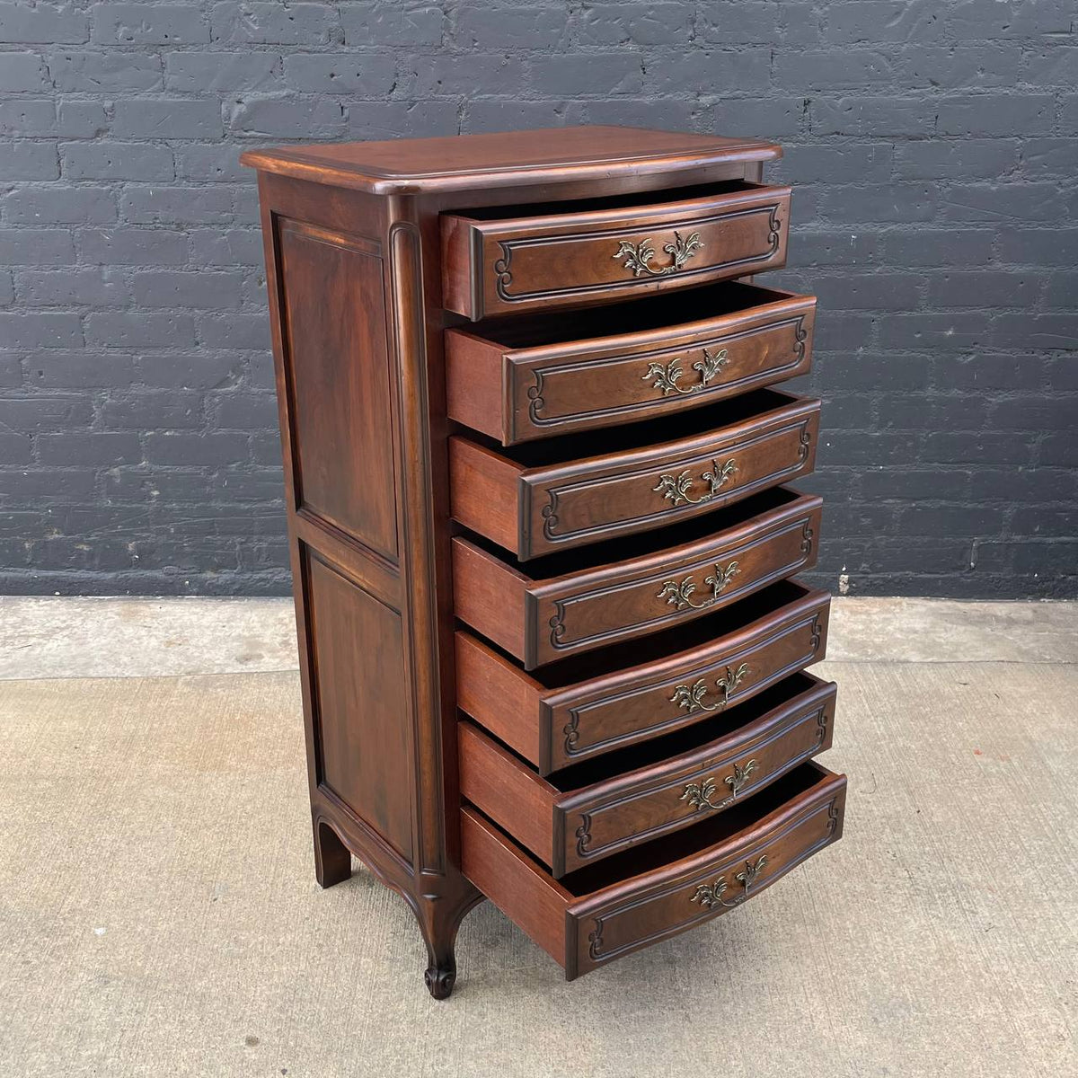 French Provincial Style Highboy Dresser with Carved Details – Vintage