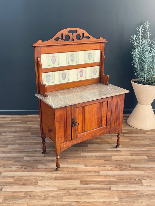English Antique Marble Top Console Entry Cabinet, c.1920’s