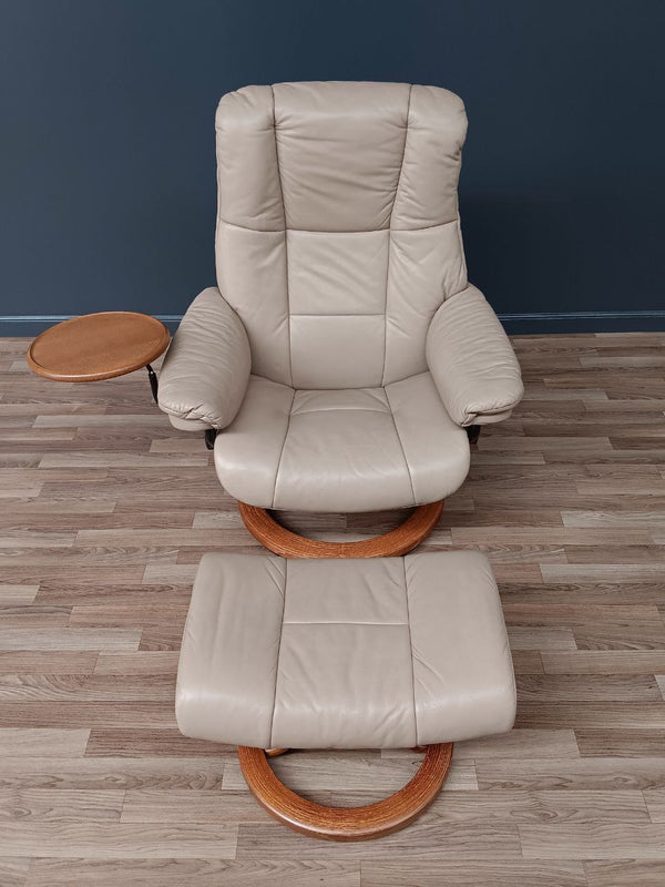 Ekornes Stressless Tan Leather Reclining Swivel Lounge Chair with End Table & Ottoman