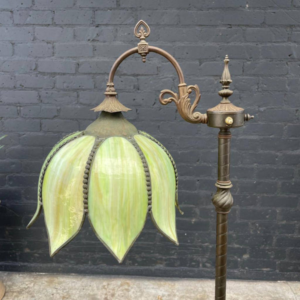 Antique Victorian Style Slag Green Flower Glass Floor Lamp, c.1950’s