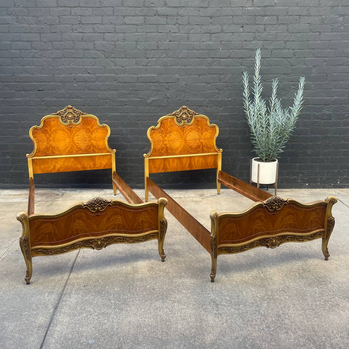 1970s Baroque Carved French Provincial Burl Wood Twin Bed Frames
