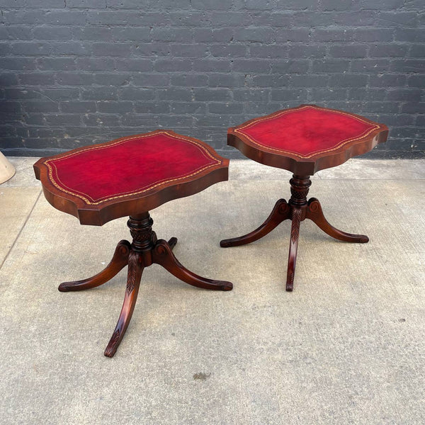 Pair of American Antique Mahogany Side Tables with Gilt-Tooled Burgundy Red Leather Top, c.1950’s