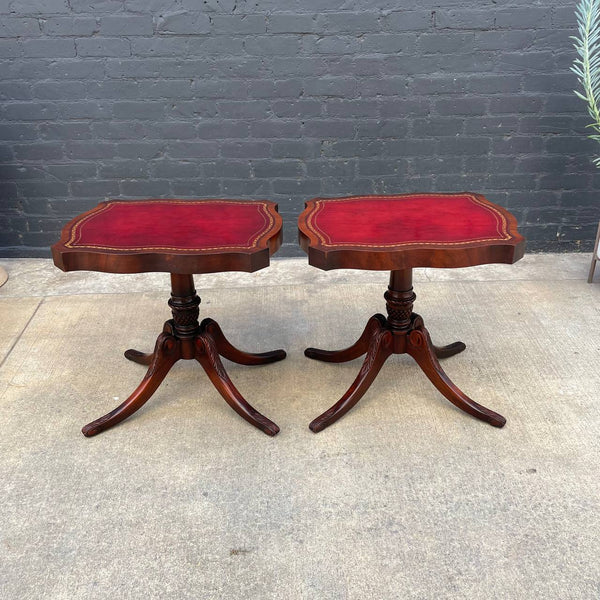 Pair of American Antique Mahogany Side Tables with Gilt-Tooled Burgundy Red Leather Top, c.1950’s