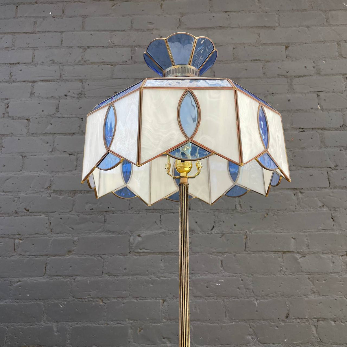 Antique Column Brass Floor Lamp & Original Tiffany Glass Style Shade