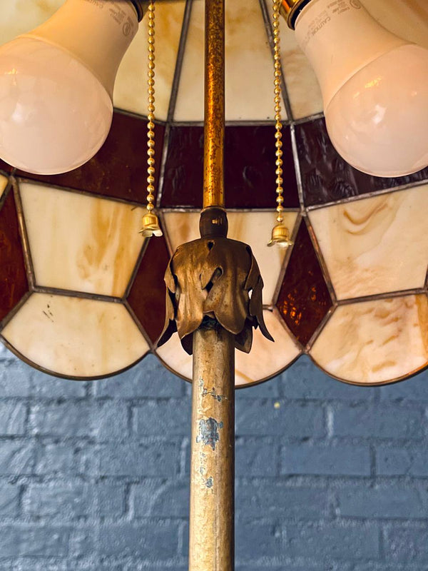 Tiffany Style Art Nouveau Style Floor Lamp w/ Slag Amber & Cream Glass Shade, c.1940’s