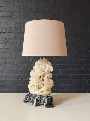 Vintage Italian Neoclassical Carved Alabaster Table Lamp w/ Floral & Bird Motif
