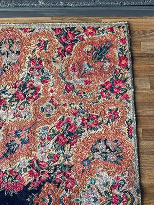 Large Persian Kashan Rug Hand-Knotted Rust Floral Medallion on Deep Indigo Field, c.1930s