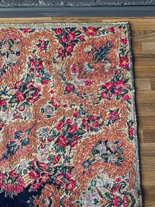 Large Persian Kashan Rug Hand-Knotted Rust Floral Medallion on Deep Indigo Field, c.1930s