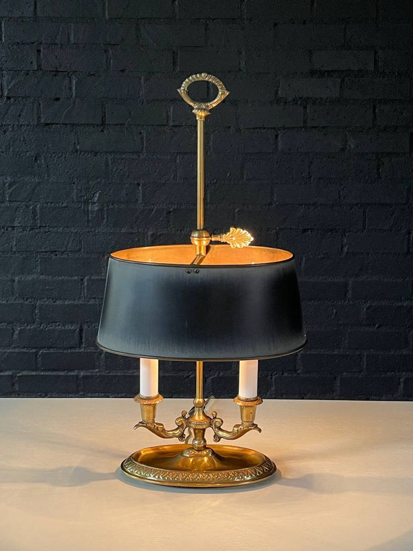 Vintage French Bouillette Double Brass Table Lamp with Tole Shade, c.1960’s