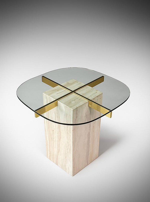 Italian Post Modern Travertine Stone & Brass Side Table by Artedi, c.1970’s