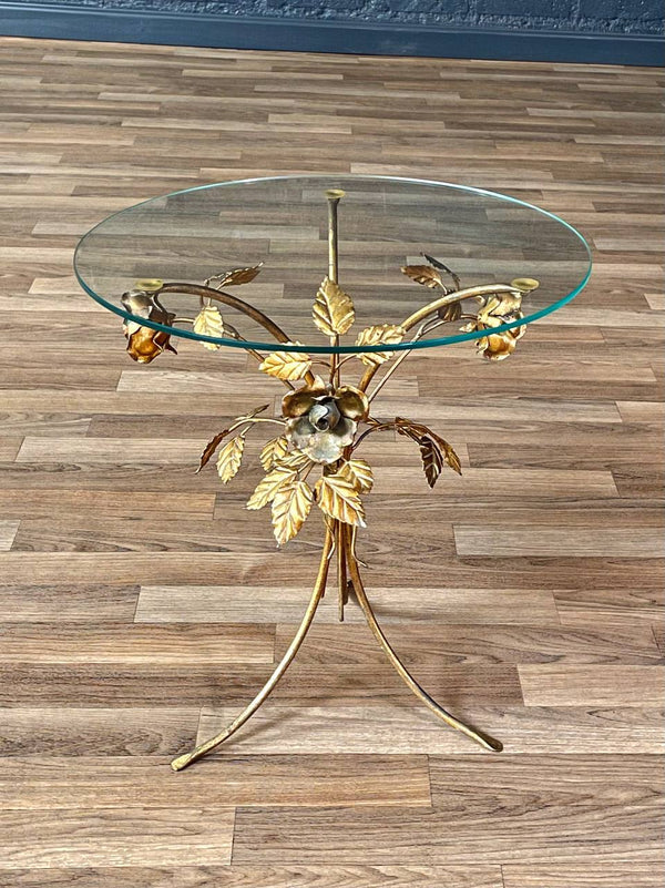 Italian Hollywood Regency Gilt-Metal Rose & Leaf Side Table w/ Glass Top, c.1960’s