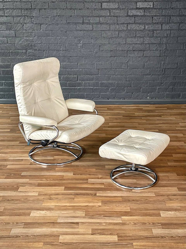 Ekornes Stressless Beige Leather & Chrome Reclining Swivel Lounge Chair w/ Ottoman, c.1970’s
