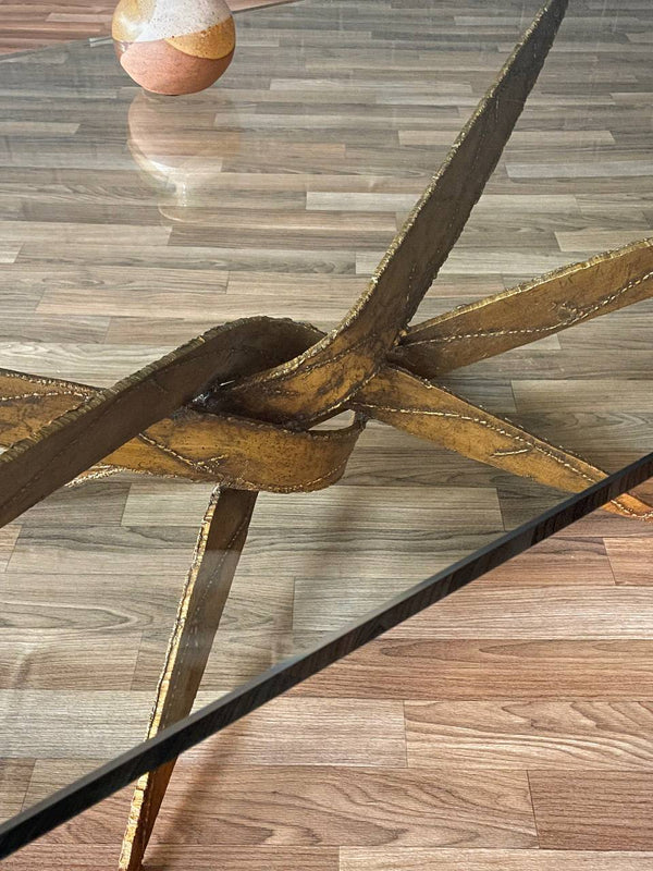 Mid-Century Brutalist Sculptural Torch Cut Steel Coffee Table w/ Glass Top, c.1970’s