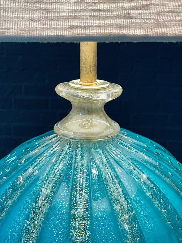 Hollywood Regency Italian Murano Glass & Brass Table Lamp in Turquoise Bullicante, c.1960’s