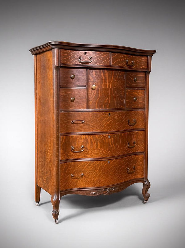 American Edwardian Colonial Style Tiger Oak Bombe Highboy Dresser w/ Hidden Cabinet, c.1920’s