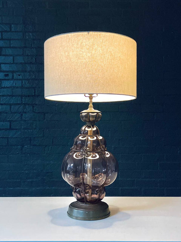 Vintage Purple Bubble Glass & Brass Table Lamp, c.1960’s