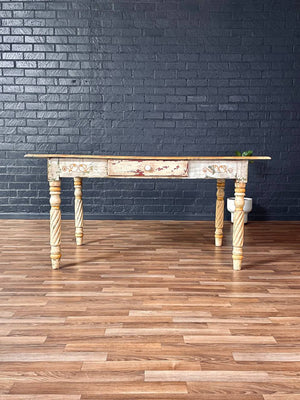 American Farmhouse Painted Oak Harvest Dining Table, Distressed Finish, 1940’s