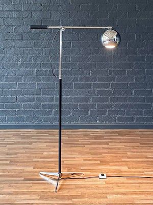 Mid-Century Modern Adjustable Chrome Orb Floor Lamp w/ Leather-Wrapped Handle, c.1970’s
