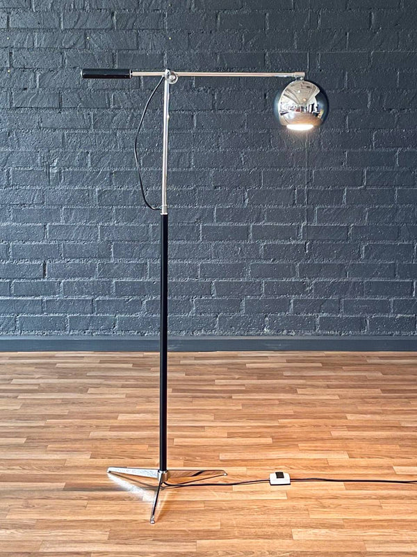 Mid-Century Modern Adjustable Chrome Orb Floor Lamp w/ Leather-Wrapped Handle, c.1970’s
