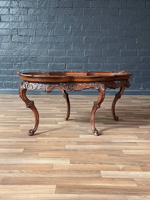 Italian Rococo Revival Carved Walnut Coffee Table w/ Floral Marquetry Inlay c.1920's