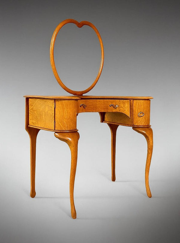 French Art Nouveau Style Tiger Oak Dressing Desk w/ Sculpted Cabriole Legs & Heart Mirror, c.1920’s