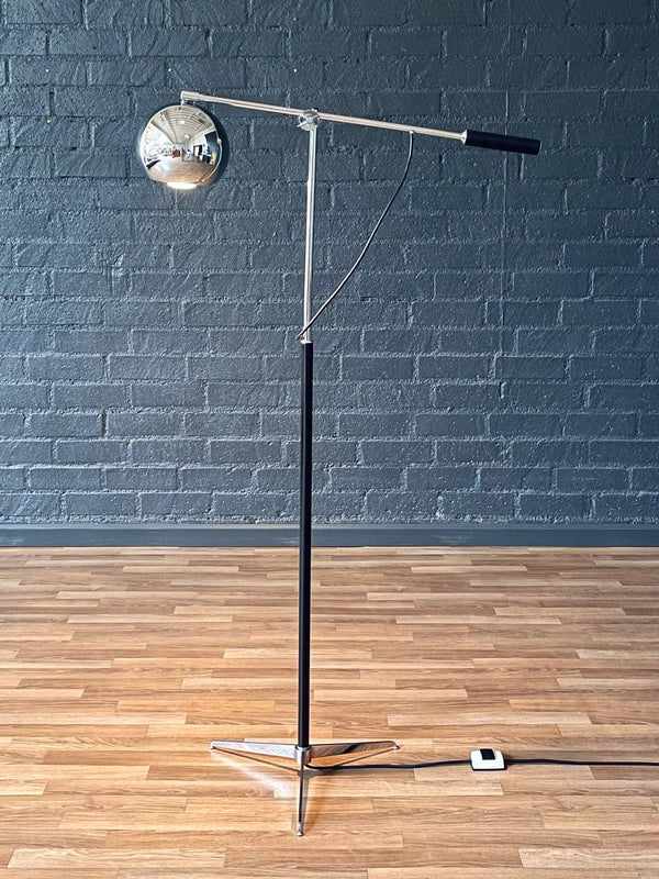 Mid-Century Modern Adjustable Chrome Orb Floor Lamp w/ Leather-Wrapped Handle, c.1970’s