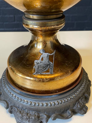 French Neoclassical Style Reverse Painted Glass w/ Classical Male Figural Motifs Table Lamp, c.1930’s