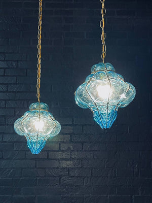 Pair of Vintage Turquoise Bubble Glass & Gilt-Metal Pendant Lantern Lights, c.1960’s