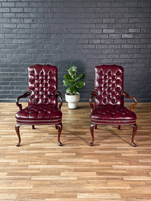 Pair of English Chippendale Style Button Tufted Leather Arm Chairs, c.1960’s