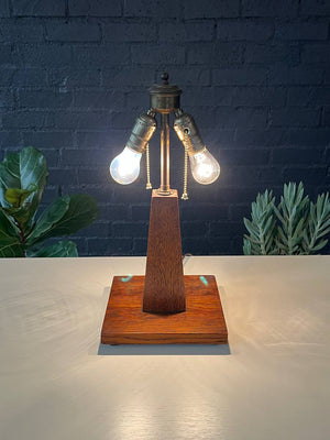 Antique Arts & Crafts Oak Pyramid Style Table Lamp, c.1940’s