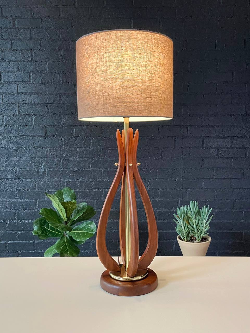 Mid-Century Modern Sculpted Walnut Table Lamp w/ Brass Accents, c