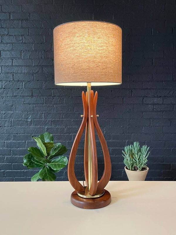 Mid-Century Modern Sculpted Walnut Table Lamp w/ Brass Accents, c.1960’s