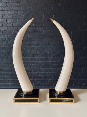 Pair of Post Modern Faux Tusks on Tessellated Marble & Brass Bases by Marquis Collection of Beverly Hills, c.1980s